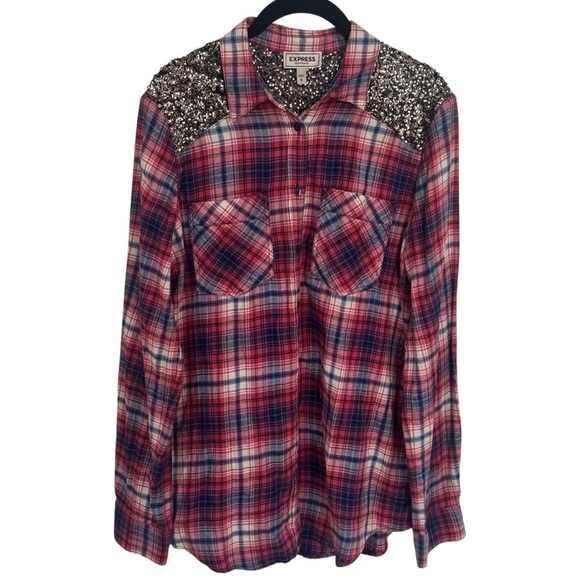 Express Boyfriend Red and Blue Sparkle Panel Plaid Long Sleeve Button Up Size M - Picture 2 of 11